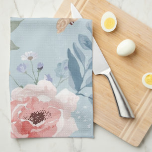 Dusty Blue Floral Watercolor Garden Pink Blooms Tea Towel