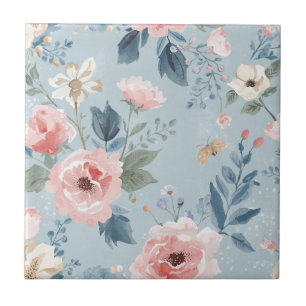 Dusty Blue Floral Watercolor Garden Pink Blooms Tile
