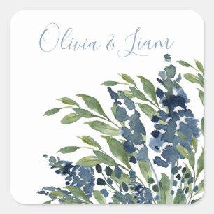 Dusty Blue Floral Watercolor Modern Script Wedding Square Sticker