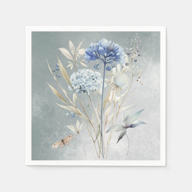 Dusty Blue Floral Watercolor Paper Napkin (Front)