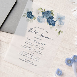 Dusty Blue Floral Watercolor Script Bridal Shower Vellum Invitations