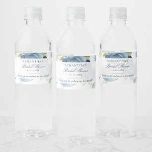 Dusty Blue Floral Watercolor Script Bridal Shower Water Bottle Label