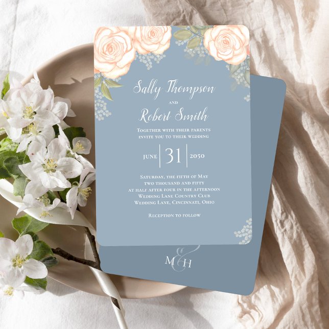 Dusty Blue Floral Watercolor Wedding Invitation (Dusty blue wedding invitation with watercolor blush pink floral design.)