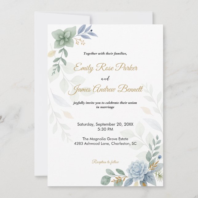 Dusty Blue Floral Watercolor Wedding Invitation (Front)