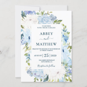 Dusty Blue floral watercolor wedding Invitation