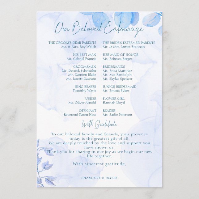 Dusty Blue Floral Watercolor Wedding Itinerary Day Programme (Back)