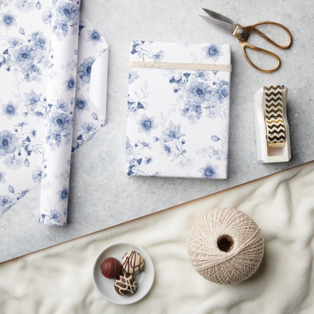 Dusty Blue Floral Watercolor Wrapping Paper (Crafts)