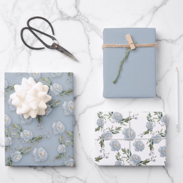 Dusty Blue Floral watercolor Wrapping Paper Sheet (Front)
