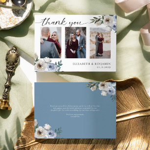 Dusty Blue Floral Wedding 3 Photo Collage Elegant Thank You Card