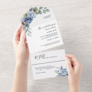 Dusty Blue Floral Wedding All In One Invitation