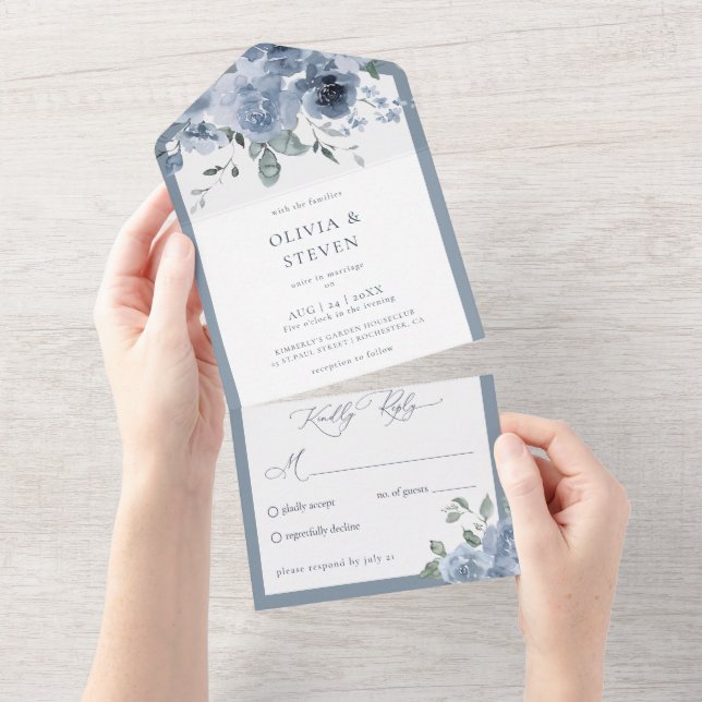 Dusty Blue Floral Wedding  All In One Invitation (Tearaway)