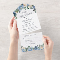 Dusty Blue Floral Wedding All In One Invitation