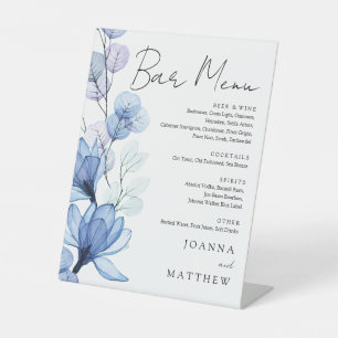 Dusty Blue Floral Wedding Bar Menu Pedestal Sign