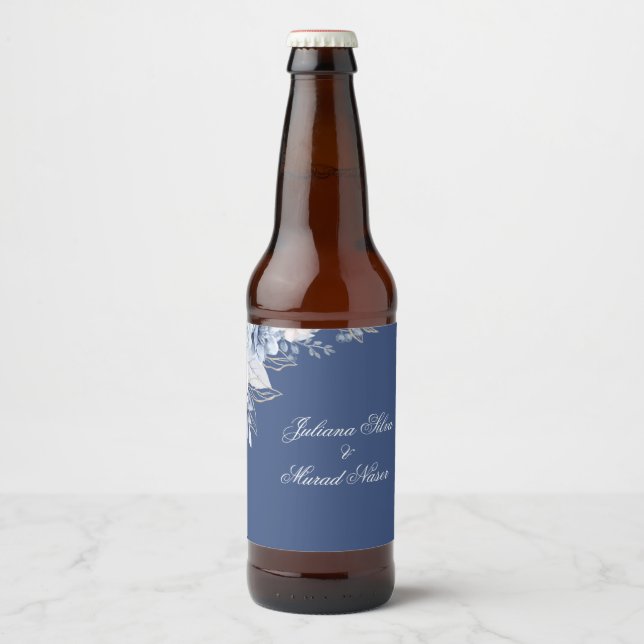 Dusty Blue Floral Wedding Beer Bottle Labels  (Front)
