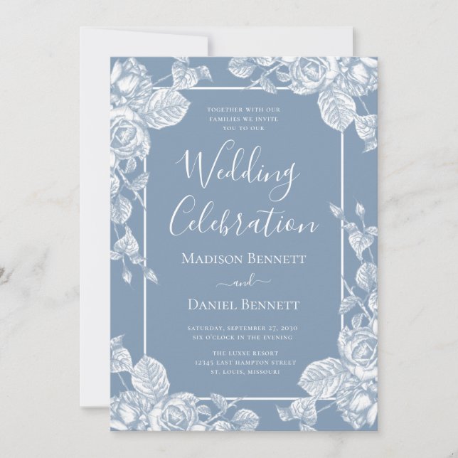 Dusty Blue Floral Wedding Celebration Invitation (Front)