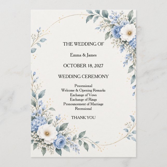 Dusty Blue Floral Wedding Ceremony Program Card (Front)