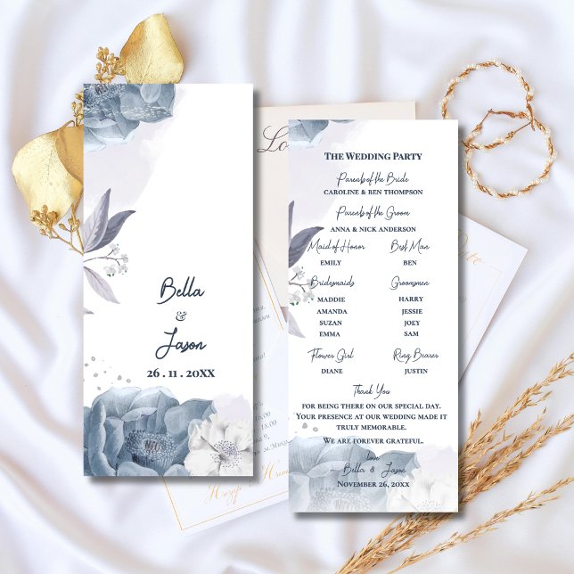 Dusty Blue Floral Wedding Ceremony Program Invitation (Dusty Blue Romantic Floral Wedding Program | Elegant Ceremony Program Card )