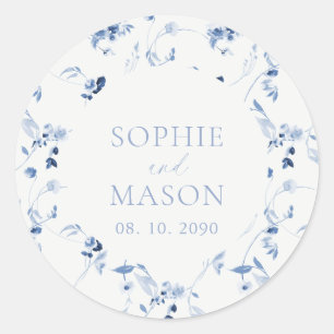 Dusty Blue Floral Wedding Classic Round Sticker