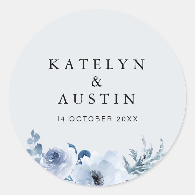 dusty blue floral wedding classic round sticker (Front)