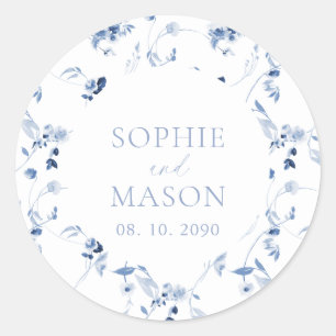 Dusty Blue Floral Wedding  Classic Round Sticker