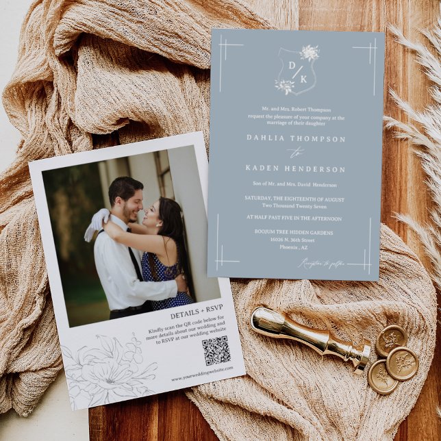 Dusty Blue Floral Wedding Crest Boho QR Code Photo Invitation (Creator Uploaded)