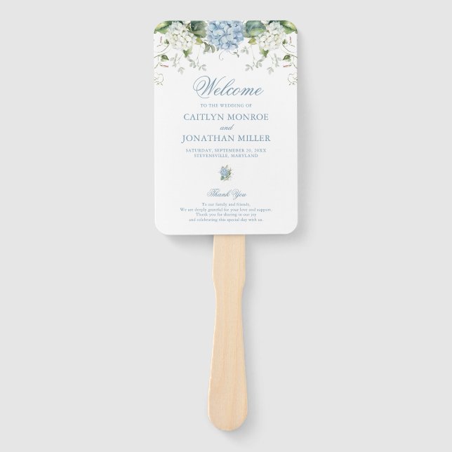Dusty Blue Floral Wedding Crest Ceremony Program Hand Fan (Front)