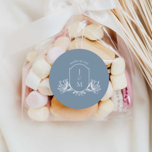 Dusty Blue Floral Wedding Crest Round Labels (Creator Uploaded)