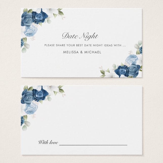 Dusty Blue Floral Wedding Date Nights Jar Cards (Front & Back)