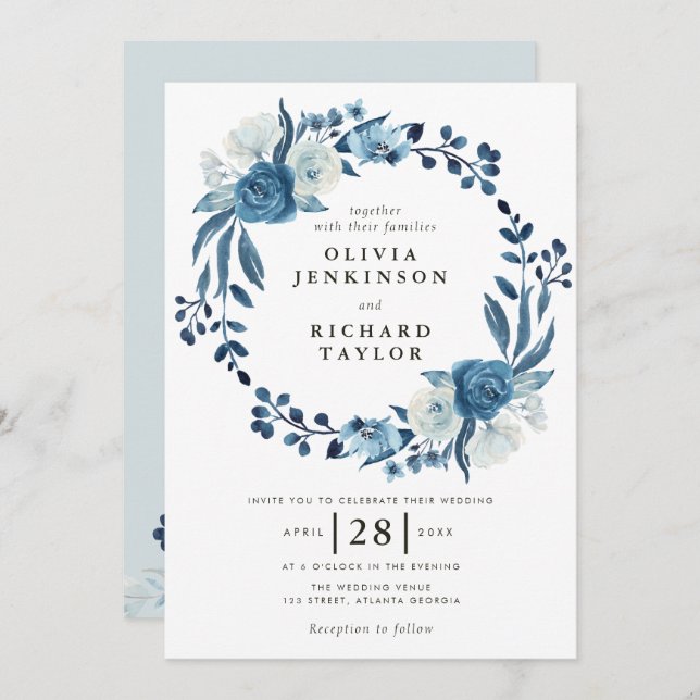 Dusty blue floral wedding invitation (Front/Back)