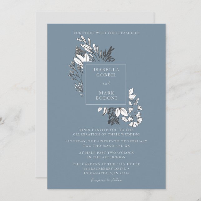 Dusty Blue Floral Wedding Invitation (Front/Back)