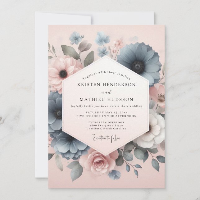 Dusty Blue Floral Wedding Invitation (Front)