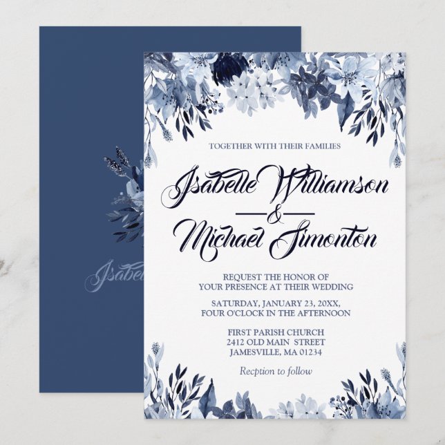 Dusty Blue Floral Wedding Invitation (Front/Back)