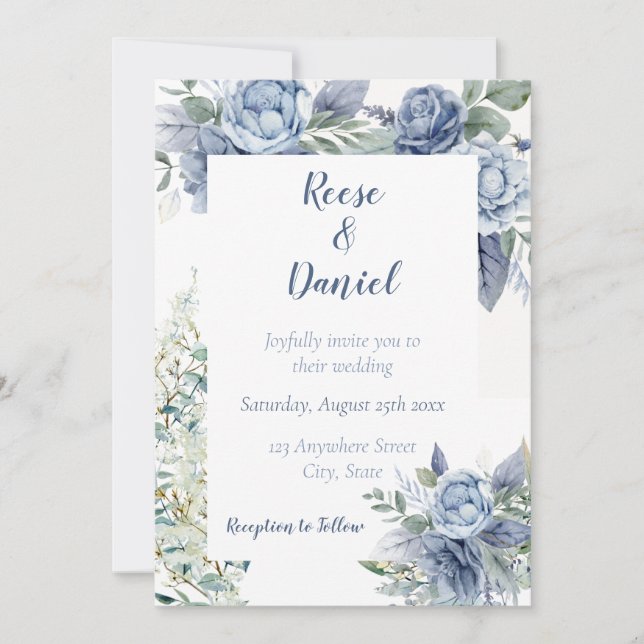Dusty Blue Floral Wedding Invitation (Front)