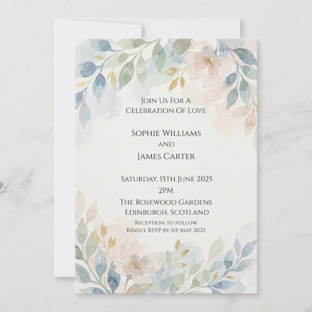 Dusty Blue Floral Wedding Invitation (Front)