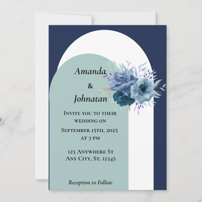 Dusty Blue Floral Wedding Invitation Card (Front)