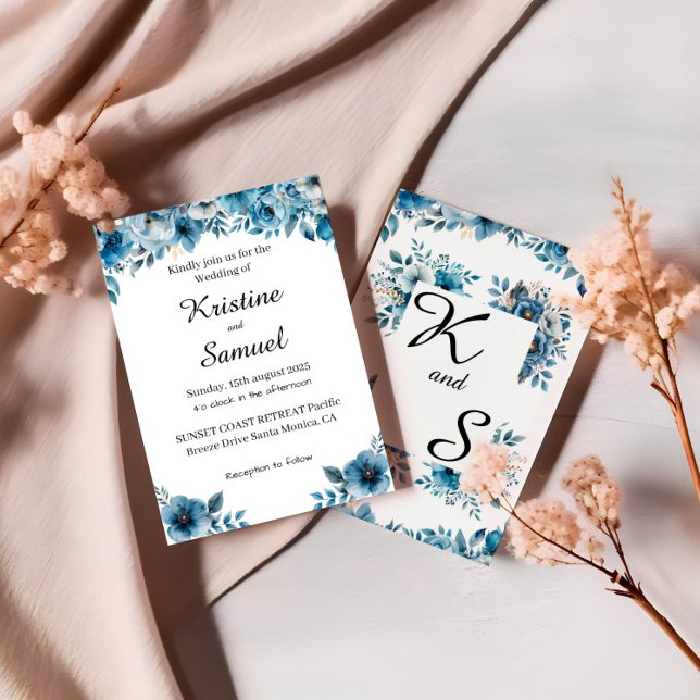 Dusty Blue Floral Wedding Invitation Template (Creator Uploaded)