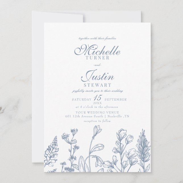 Dusty Blue Floral Wedding Invitations (Front)