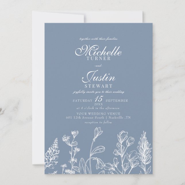 Dusty Blue Floral Wedding Invitations (Front)