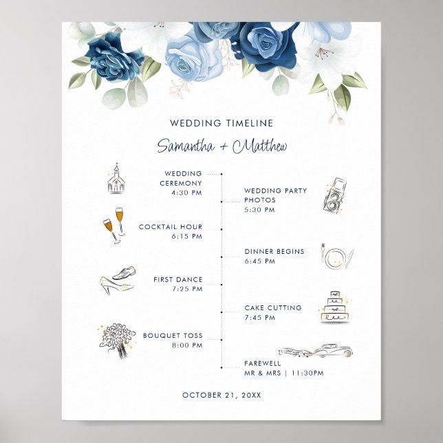 Dusty Blue Floral Wedding Itinerary Program Poster (Front)