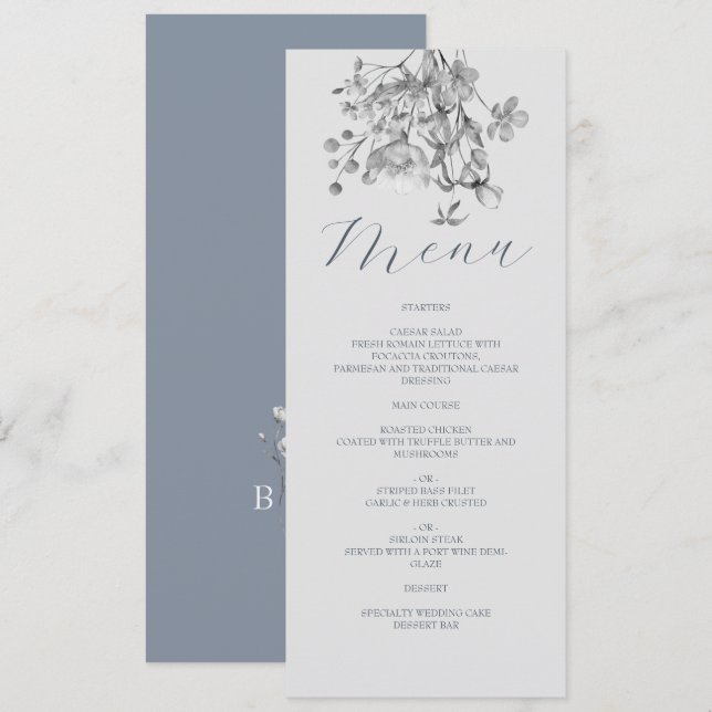 Dusty Blue Floral Wedding Menu (Front/Back)
