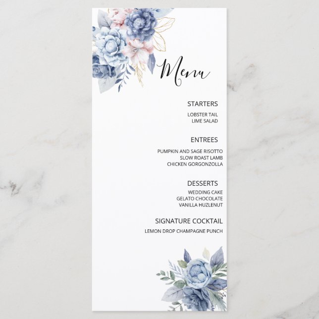 Dusty Blue Floral Wedding Menu (Front)