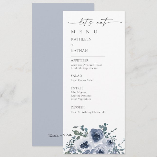Dusty Blue Floral Wedding Menu (Front/Back)
