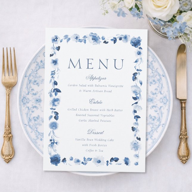 Dusty Blue Floral Wedding Menu Card (Creator Uploaded)