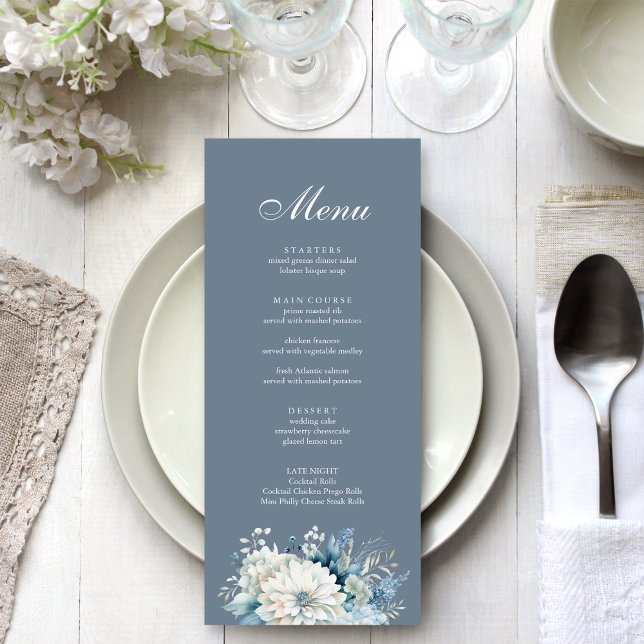 Dusty Blue Floral Wedding Menu Card (Modern Dusty Blue Wildflowers Wedding Menu on a beautiful white and silver wedding table.)