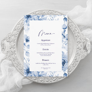 Dusty Blue Floral Wedding Menu Card