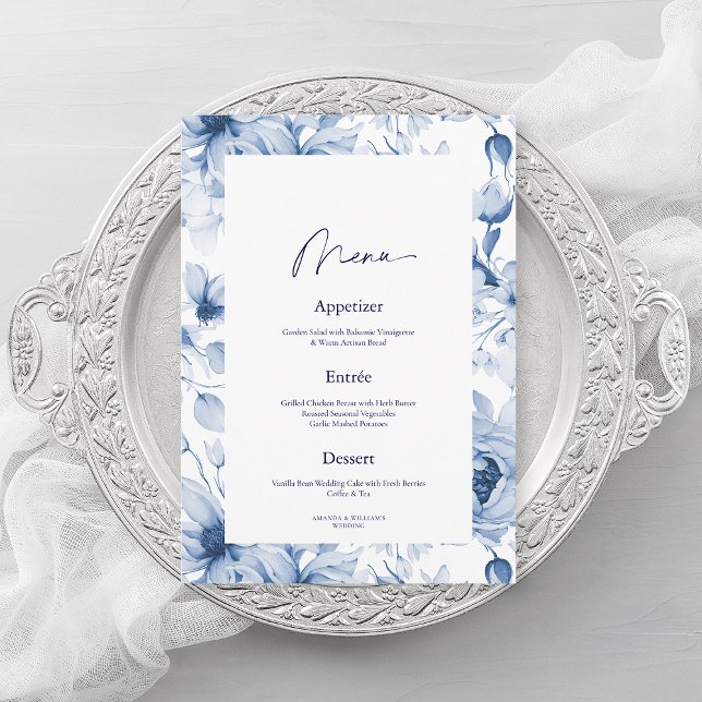 Dusty Blue Floral Wedding Menu Card (Creator Uploaded)