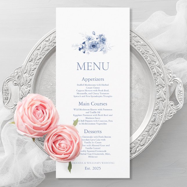 Dusty Blue Floral Wedding Menu Card (Creator Uploaded)