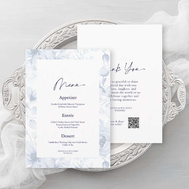 Dusty Blue Floral Wedding Menu & Thank You Card (Creator Uploaded)