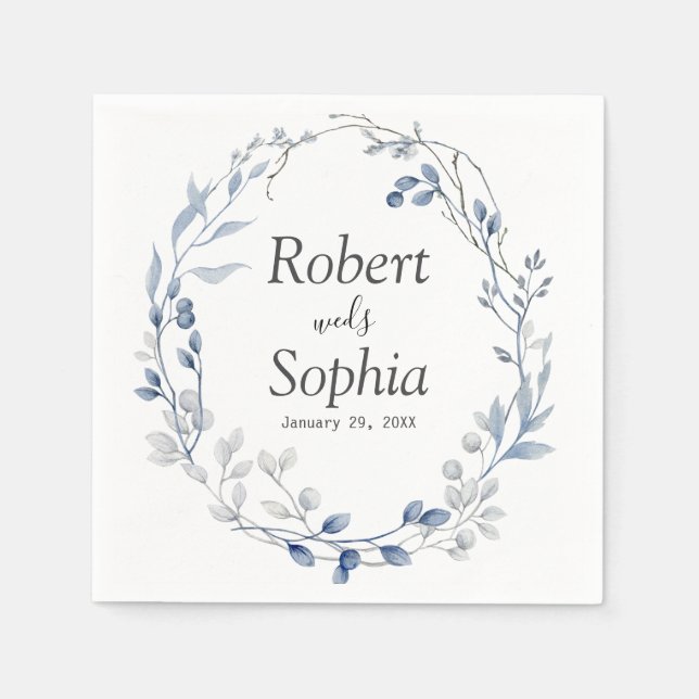 Dusty Blue Floral Wedding Napkin (Front)
