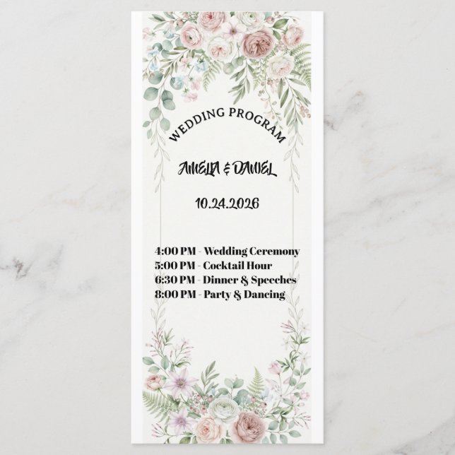 Dusty Blue Floral Wedding Program Card (Front)